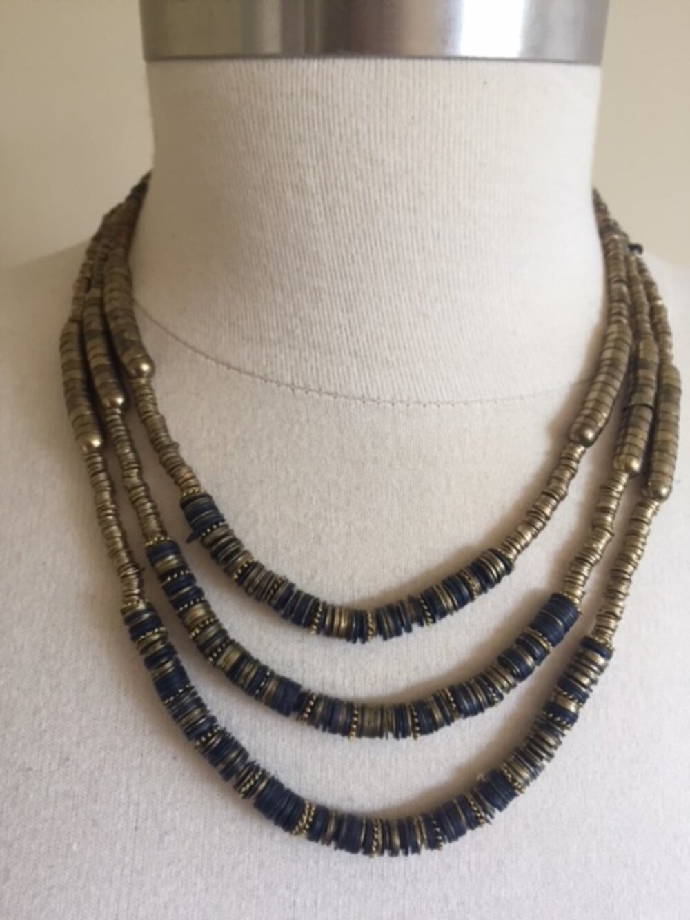 Stunning Navy & Brass adjustable 3 tier necklace